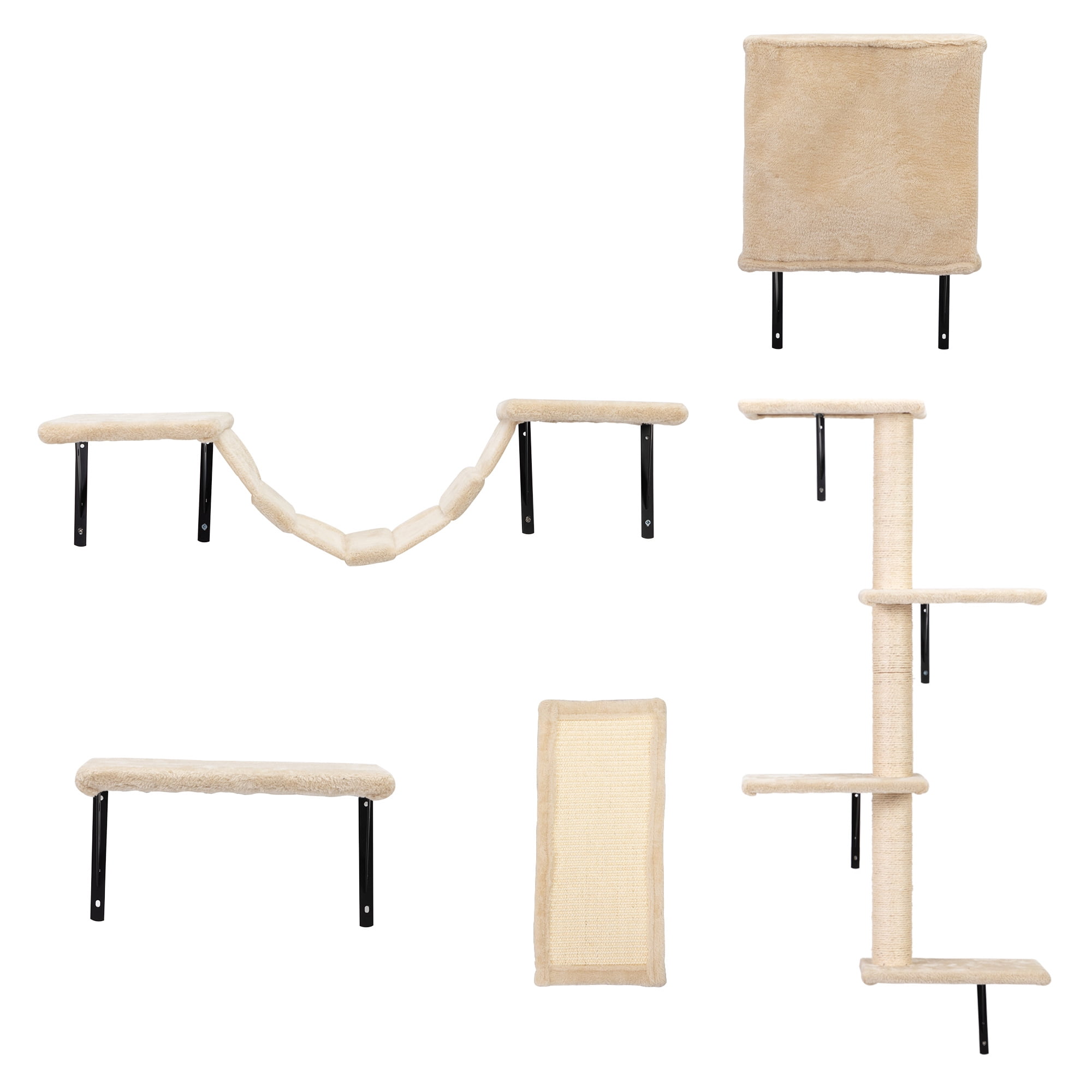 Spaco 5-Piece Cat Wall Furniture Set - Climbing Shelf, Scratching Board, Bridge, House, & Tree - Beige Spaco 5-Piece Cat Wall Furniture Set - Climbing Shelf, Scratching Board, Bridge, House, & Tree - Beige
