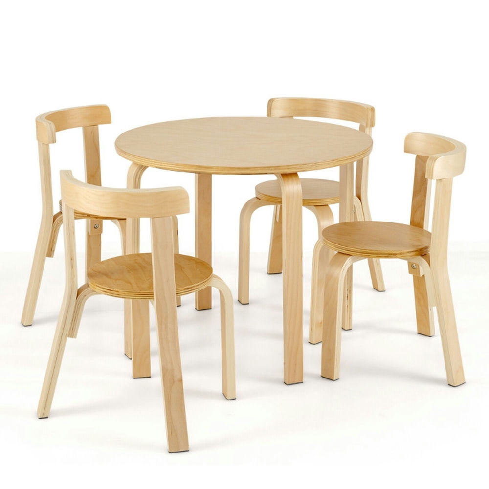 Spaco 5-Piece Kids Wooden Curved Back Activity Table and Chair Set with Toy Bricks-Natural, Toddler Table and Chair Set for Arts & Crafts, Snack Time, Homeschooling, Homework