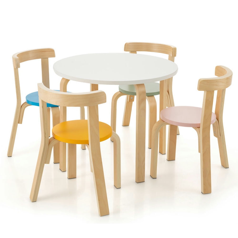 Spaco 5-Piece Kids Wooden Curved Back Activity Table and Chair Set withToy Bricks, Toddler Table and Chair Set for Arts & Crafts, Snack Time, Homeschooling, Homework