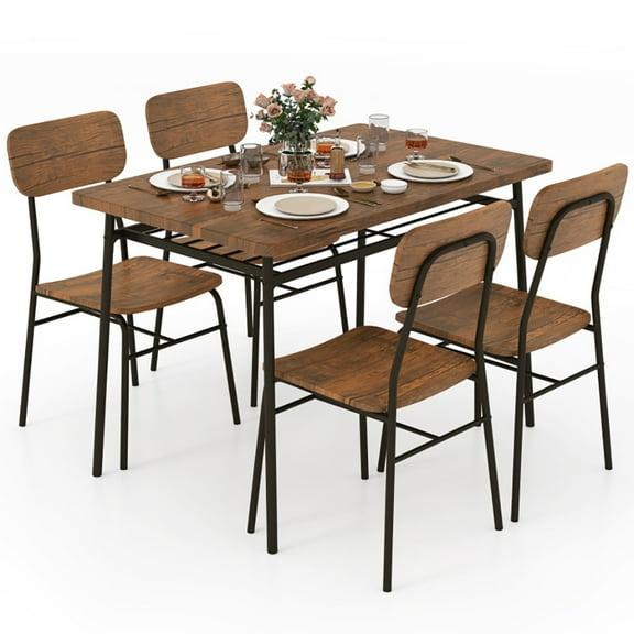 Spaco 5-Piece Table Set for 4, Multifunctional Kitchen Furniture with Metal Frame and Storage Rack, Brown