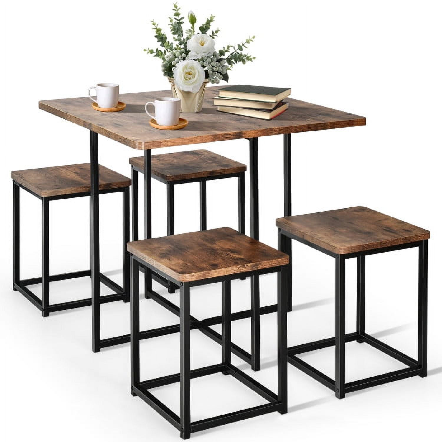 Spaco 5 Pieces Metal Frame Dining Set with Compact Dining Table and 4 Stools -Walnut, Dining Room Table, Modern Dining Set for Home, Kitchen, Dining Room Spaco 5 Pieces Metal Frame Dining Set with Compact Dining Table and 4 Stools -Walnut, Dining Room Table, Modern Dining Set for Home, Kitchen, Dining Room
