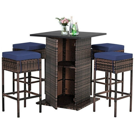 Spaco 5 Pieces Patio Rattan Bar Table Stool Set Hidden Storage Shelf Cushioned-Navy, Furniture Conversation Sets, Coffee Table for Garden, Poolside, Backyard