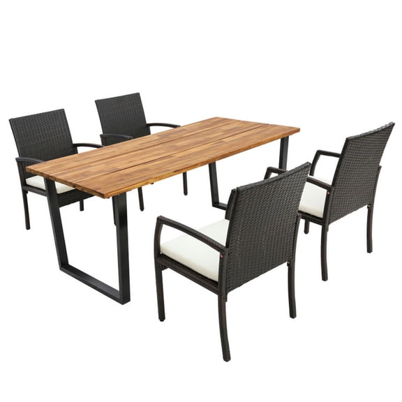 Spaco 5 Pieces Patio Rattan Dining Set, Dining Set with Umbrella Hole and Seat Cushions, Dining Set for Outdoor as Garden, Patio, Off White