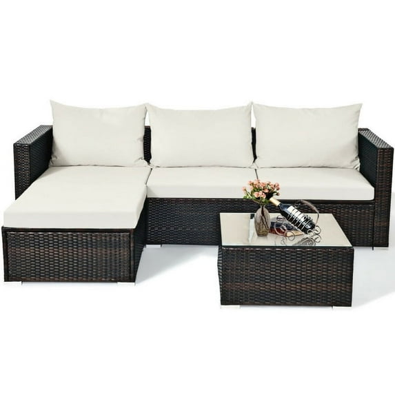 Spaco 5 Pieces Patio Rattan Furniture Set with Coffee Table-Off White, Wicker Furniture Conversation Sets, Coffee Table for Garden, Poolside, Backyard