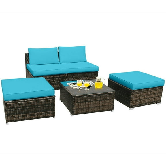Spaco 5 Pieces Patio Rattan Furniture Set with Cushioned Armless Sofa, Weather-Resistant PE Rattan Sofa Set with Detachable Cushion, Furniture Set for Outdoor as Courtyard, Garden, Turquoise
