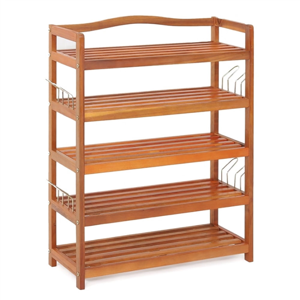 Spaco 5-Tier Acacia Wood Shoe Rack with Side Metal Hooks, Shoe Storage Organizer for Entryway & Closet