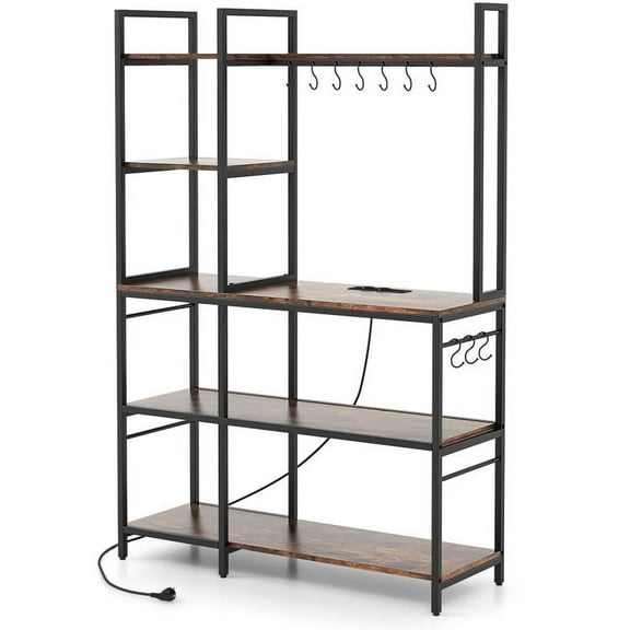 Spaco 5-Tier Bakers Rack with Power Outlets and 10 S-Shaped Hooks, Robust Kitchen Utility Rack, Versatile Kitchen Rack, Rustic Brown