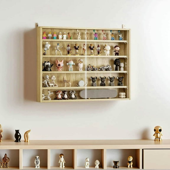 Spaco 5-Tier Display Cabinet with 2 Glass Doors and Adjustable Shelves, Wall-Mounted Display Case for Indoor as Living Room, Bedroom, Oak