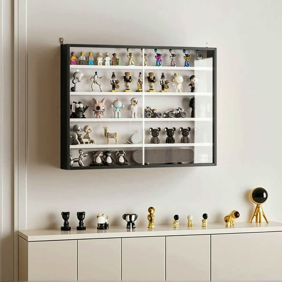 Spaco 5-Tier Display Cabinet with Adjustable Shelves, Wall-Mounted Display Case with 2 Glass Doors for Indoor as Living Room, Bedroom, Black