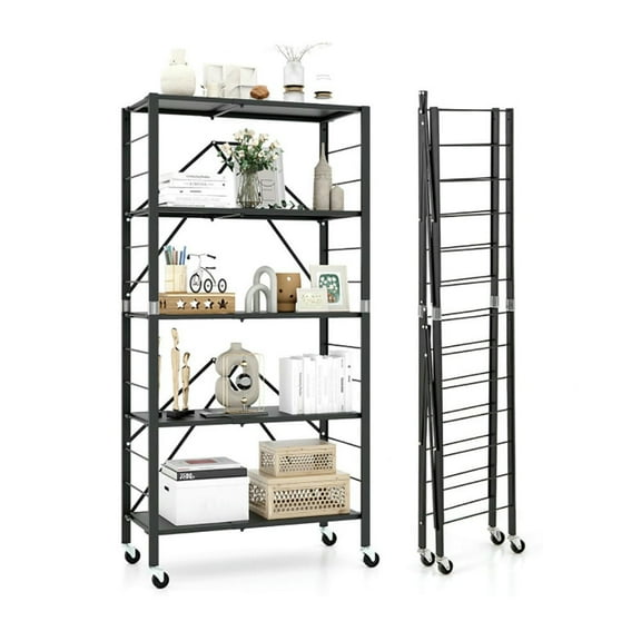 Spaco 5-Tier Foldable Storage Shelf with Wheels, Versatile Storage Shelf, Heavy-duty Metal Frame Shelf, Black