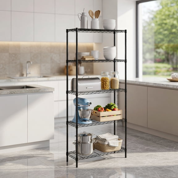 Spaco 5-Tier Heavy-Duty Black Metal Storage Shelving Unit, 1250 lb Capacity, V-Shaped Wire Racks, Adjustable & Tool-Free Assembly for Garage, Pantry & Basement, Black