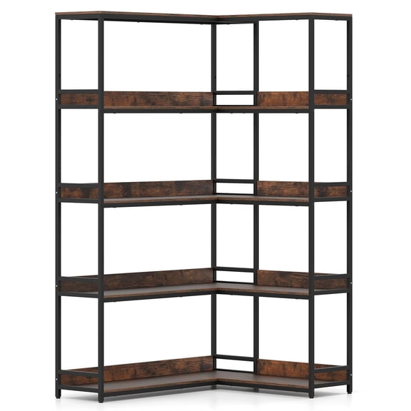 Spaco 5-Tier L-Shaped Corner Bookshelf - Metal Frame Raised Edges, Etagere Organizer, Rustic Brown