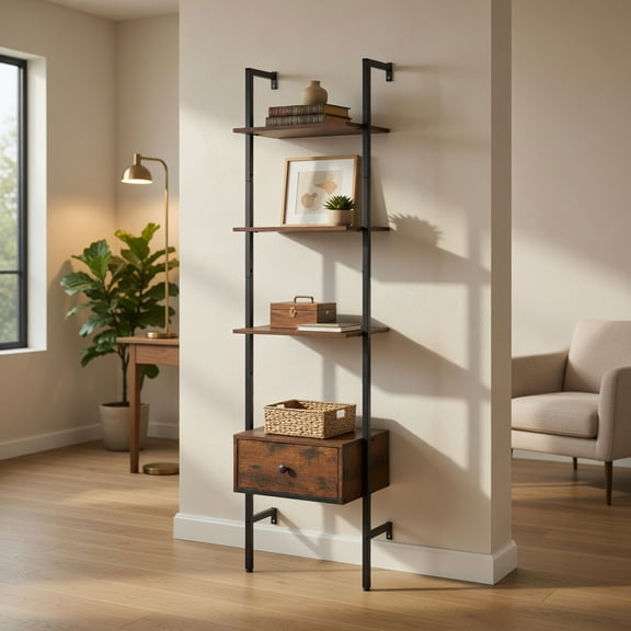 Spaco 5-Tier Ladder Bookcase - Metal Frame Drawer Storage, Study & Home Office Organizer, Rustic Brown