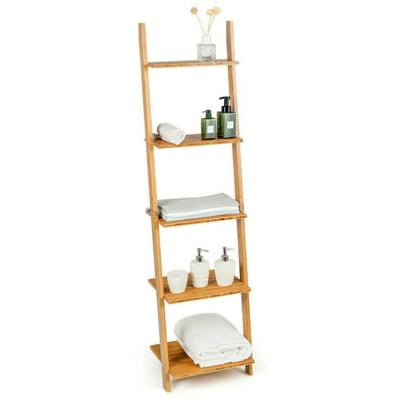 Spaco 5-Tier Modern Bamboo Wall-Leaning Display Ladder Bookshelf, Tall Bookshelf, Shelves for Living Room, Home Office, Bedroom, Balcony