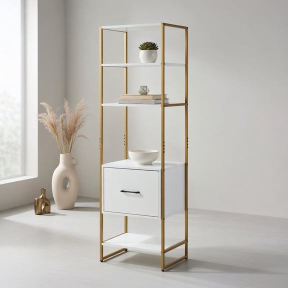 Spaco 5-Tier Narrow Bookcase, Book Shelf with 4 Open Shelves and Storage Drawer, White
