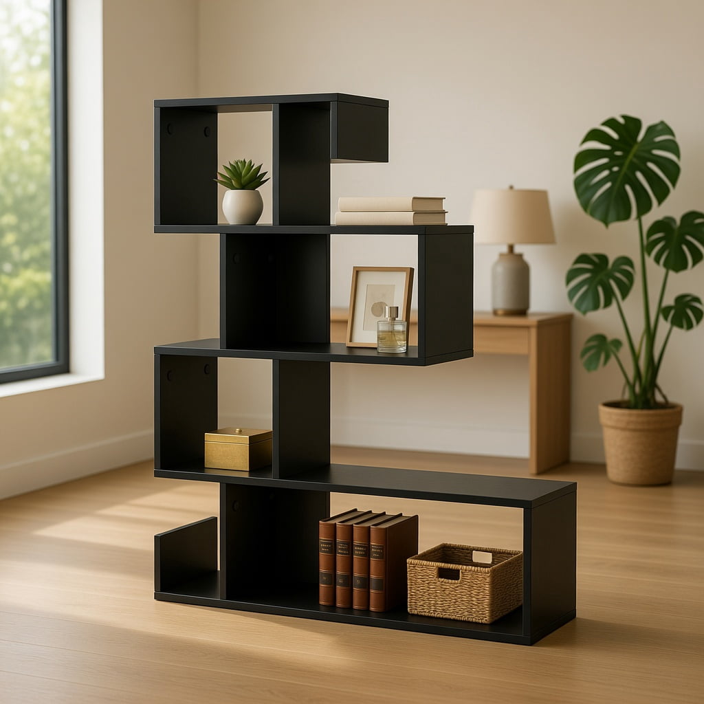 Spaco 5-Tier S-Shaped Bookshelf Geometric Z-Shelf Bookcase with Open Cubes-Black, Tall Bookshelf, Shelves for Living Room, Home Office, Bedroom, Balcony