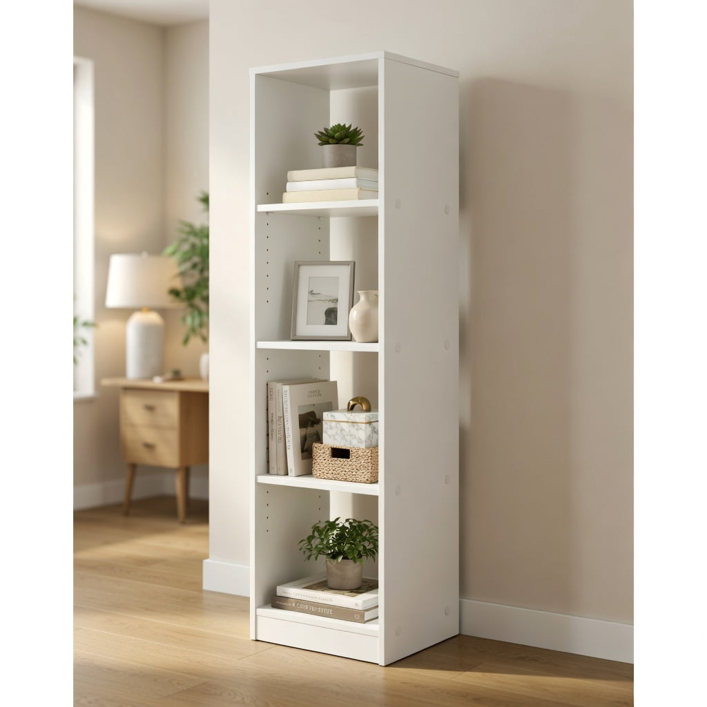 Spaco 5 Tiers 4-Cube Narrow Bookshelf with 4 Anti-Tipping Kits-White, Tall Bookshelf, Shelves for Living Room, Home Office, Bedroom, Balcony