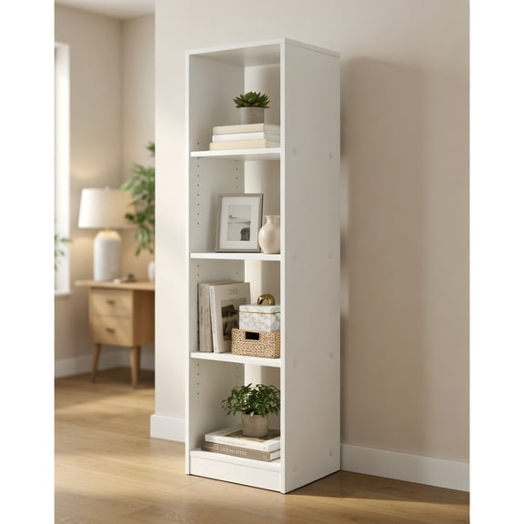 Spaco 5 Tiers 4-Cube Narrow Bookshelf with 4 Anti-Tipping Kits-White, Tall Bookshelf, Shelves for Living Room, Home Office, Bedroom, Balcony