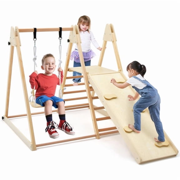 Spaco 5-in-1 Indoor Jungle Gym Foldable Climber Playset, Climber Playset with Fun Slide and Adjustable Swing, Interesting Double-Sided Ramp, Yellow