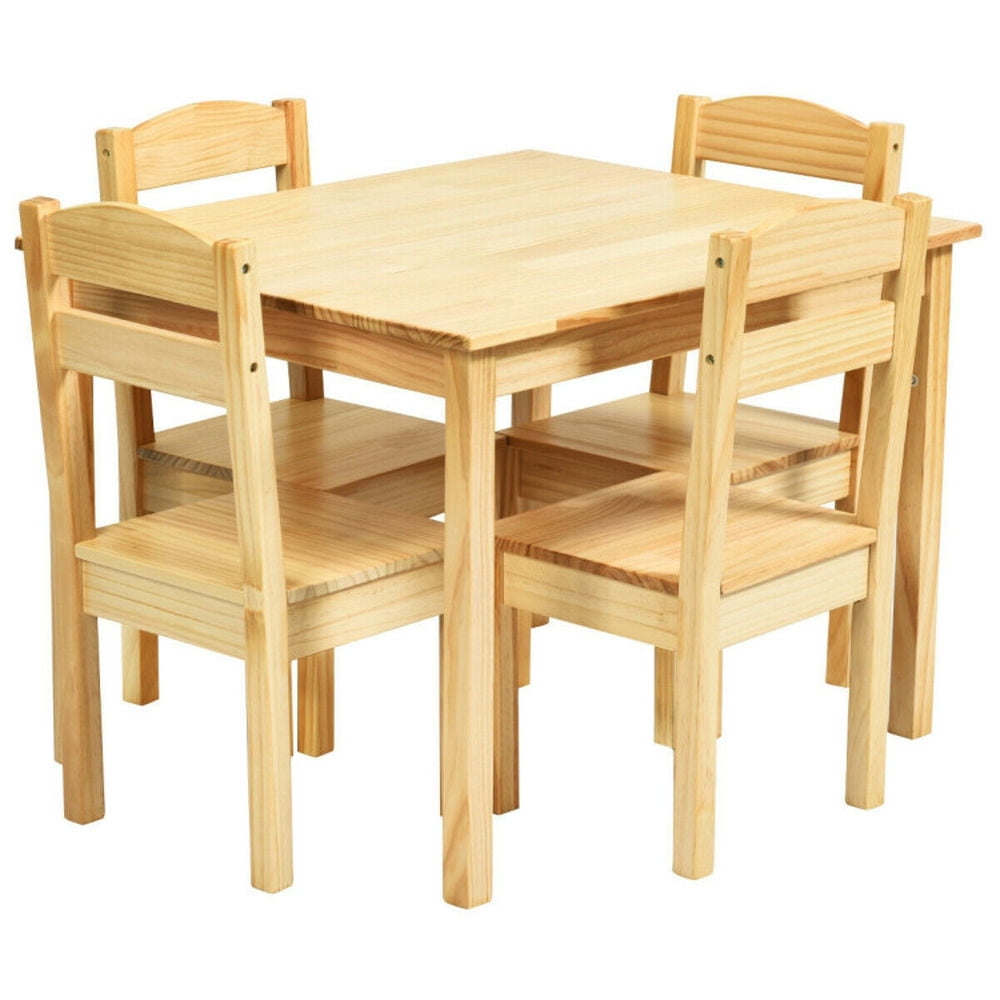 Natural Pine Wood Kids Table and Chair Set, 5-Piece