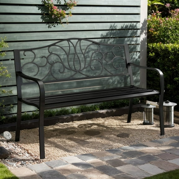 Spaco 50 Inches Outdoor Garden Bench, Bench with Floral Design Backrest and Slatted Seat for Patio, Garden, Backyard, Black