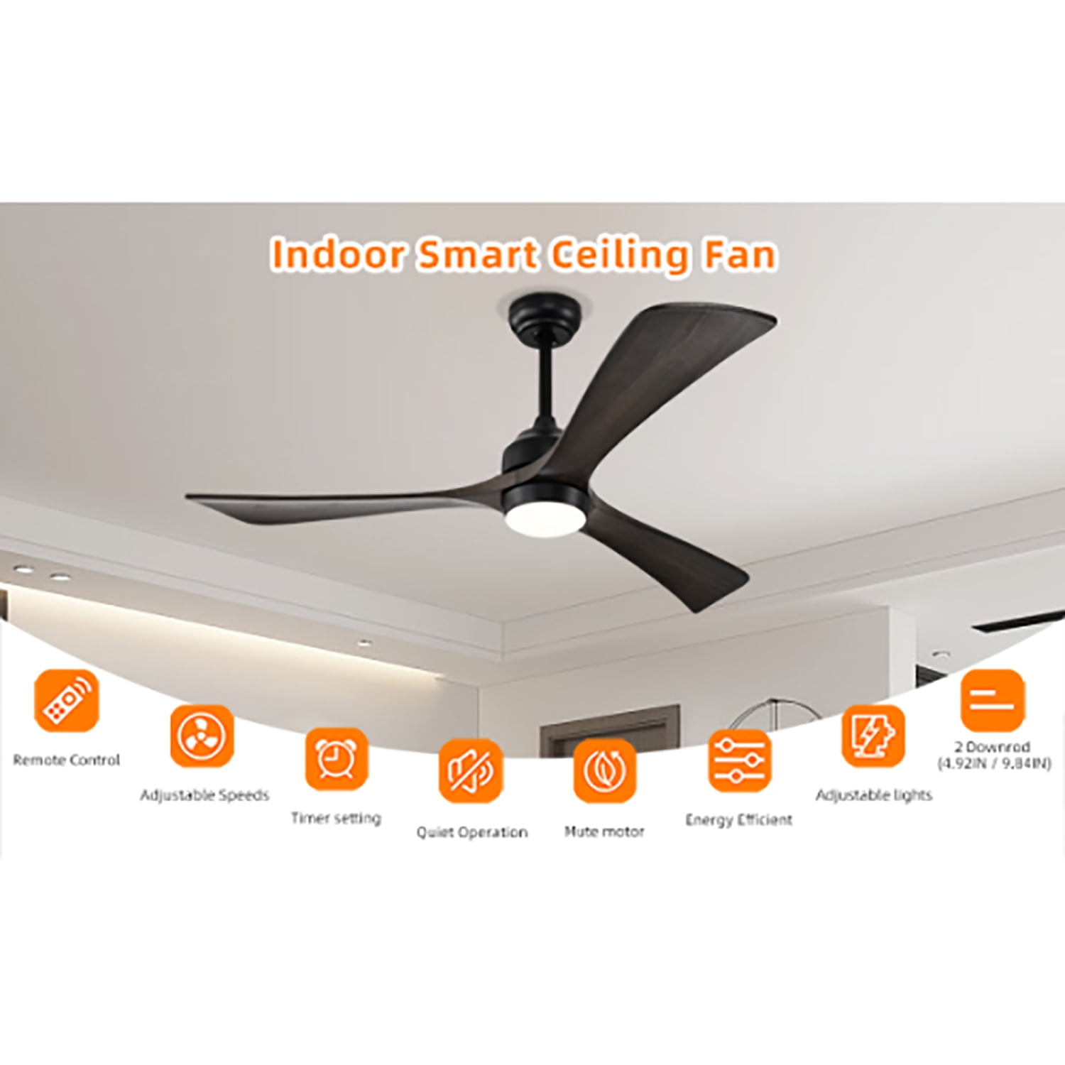 Spaco 52" Ceiling Fan, Indoor/Outdoor Ceiling Fans with Lights and Remote, Quiet DC Motor 3 Blade Ceiling Fans 6 Speed Levels for Bedroom Living Room Patio, Black