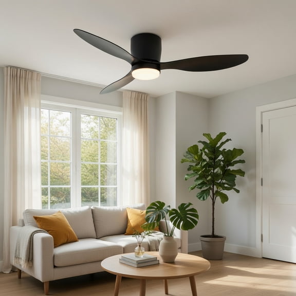 Spaco 52 Inch Smart Flush Mount Ceiling Fan with Dimmable Color Changing LED Light, Quiet DC Motor, Wi Fi APP Alexa Remote Control Black Indoor Outdoor Low Profile Fan for Bedroom Patio, Black