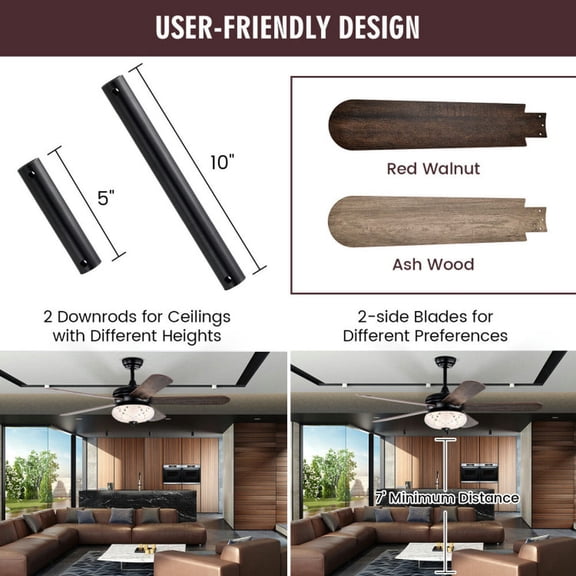 Spaco 52 Inches Ceiling Fan with Remote Control-Walnut, Vanity Lights
