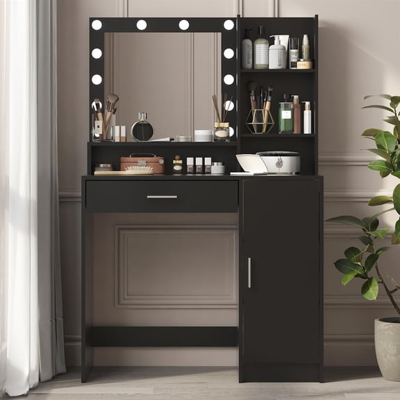 Spaco 53" Vanity Desk with Mirror & Light, Large Drawer Three Level Storage Dresser, 3 Lighting Modes Adjustable Brightness, Bedroom Dressing Table, Black