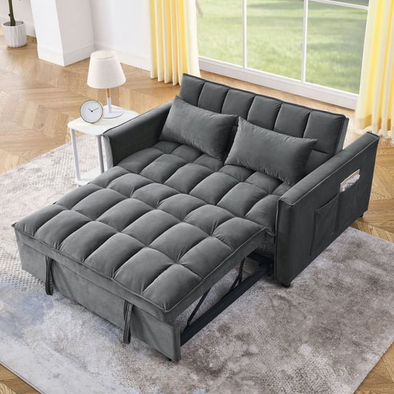 Spaco 54 Inch Adjustable Backrest Sofa, Sofa Bed, Futon Sofa with Double Armrest and Pouch, Variable Bed, Gray