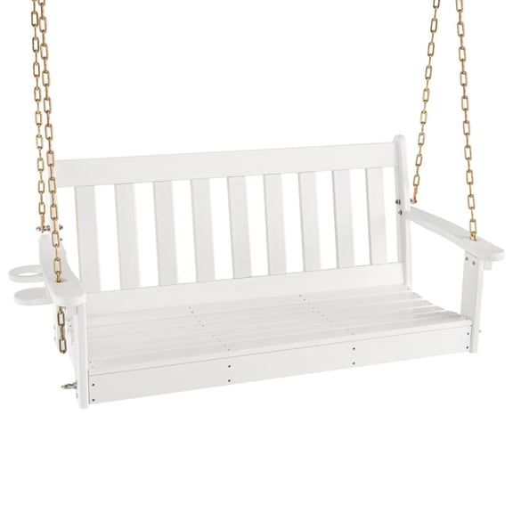 Spaco 54 Inch HDPE Patio Porch Swing with Cup Holder-White, 2-Seater Hanging Bench, Pillow for Backyard Garden Poolside