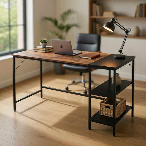 Spaco 55 Inch Modern Industrial Style Study Writing Desk with 2 Storage Shelves-Brown, Office Desk, Gaming Computer Desks for Study,Working,Writing