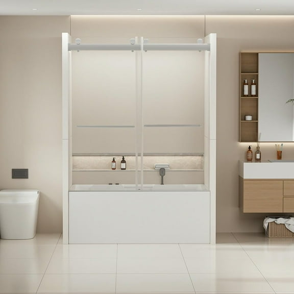 Spaco 56-60 in. W x 62 in. H Frameless Double Sliding Tub Door, Bypass Tub Shower Door Soft Closing, Shower Door for Bathroom, Clear