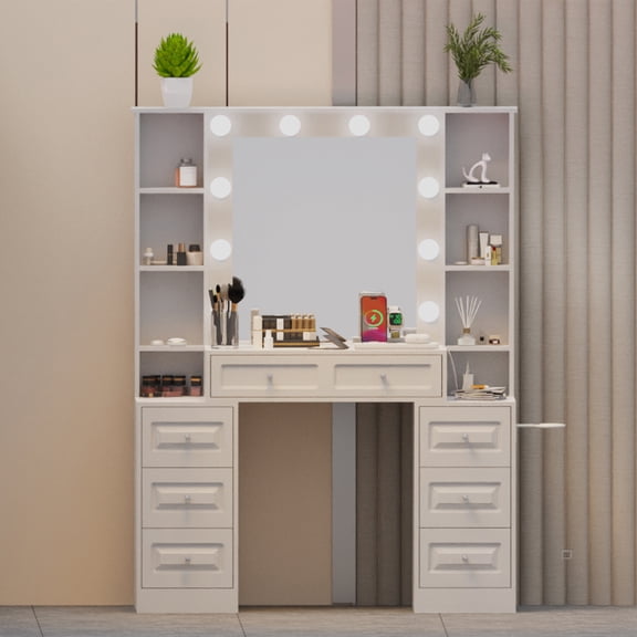 Spaco 57" Vanity Desk with with Mirror and Lights,Makeup Vanity Table wwith Lighted Mirror & Charging Station, Vanity Desk Dresser, White