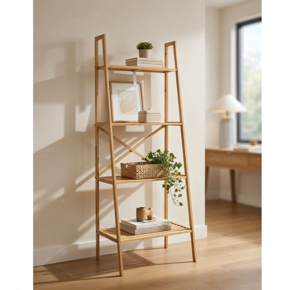 Spaco 58 Inch 4-Tier Bamboo Ladder Bookshelf-Natural, Tall Bookshelf, Shelves for Living Room, Home Office, Bedroom, Balcony