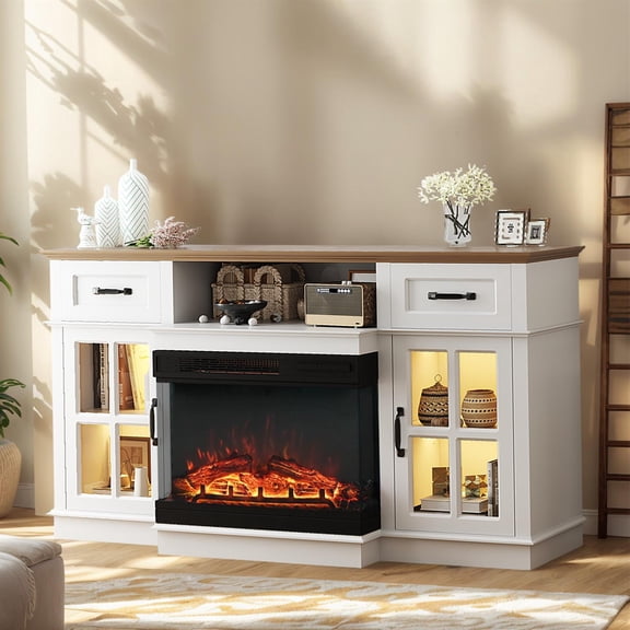 Spaco 58-Inch Black Gold Oak Fireplace TV Stand with 25-Inch Insert, Checkered Glass Side Panels & Adjustable Flame Effect, Media Console with Glass Shelves for 58-Inch TVs, Black Gold Oak