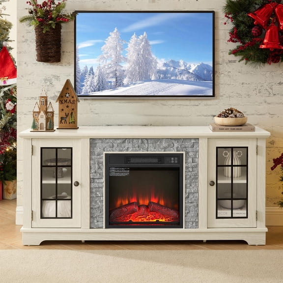 Spaco 58" Modern TV Stand with 2-Door Storage & 18" Electric Fireplace, Faux Stone Media Console Cabinet, Entertainment Center for Living Room, White