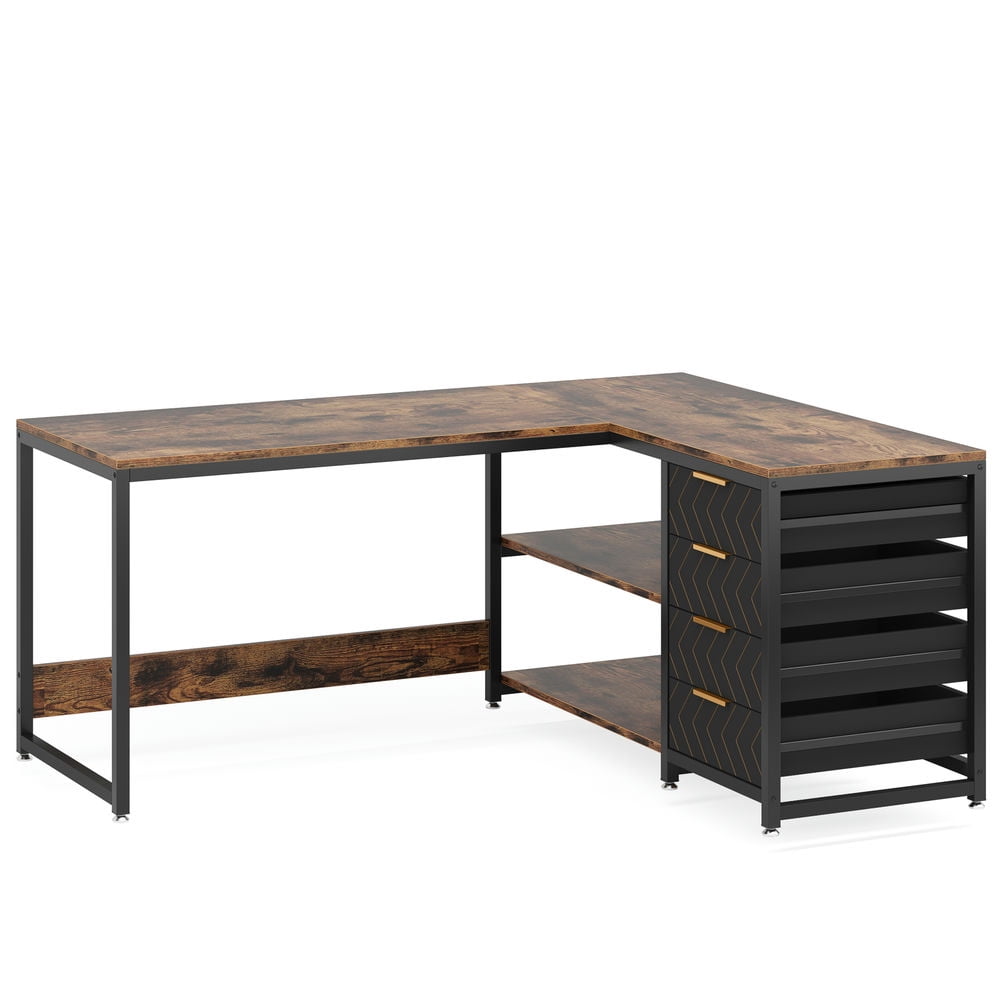 Spaco 59" L-Shaped Desk, Reversible Corner Desk with Drawers & Shelves, Desk for Indoor as Home, Office, Brown