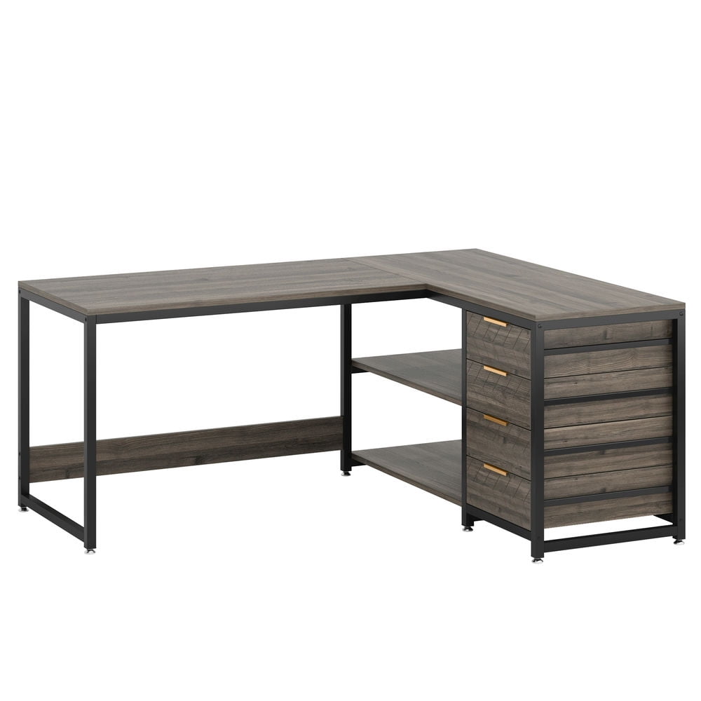 Spaco 59" L-Shaped Desk, Reversible Corner Desk with Drawers & Shelves, Desk for Indoor as Home, Office, Gray