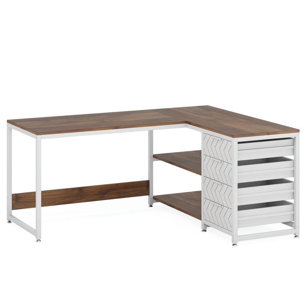 Spaco 59" L-Shaped Desk, Reversible Corner Desk with Drawers & Shelves,Desk for Indoor as Home, Office, Walnut