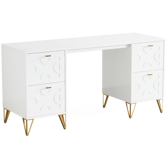 Spaco 59" White Computer Desk with File Drawers, Wood Executive Desk for Indoor as Home, Office, White