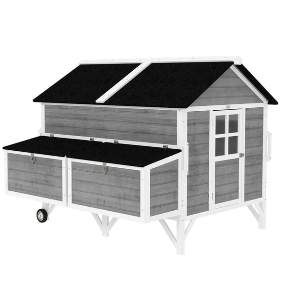 Spaco 59" Wooden Chicken Coop with Wheels, Handles, 2 Nesting Boxes, 2 Trays, 4 Perches, Chicken Tractor for 4-6 Chickens, Gray