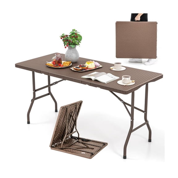 Spaco 5FT Folding Picnic Table with Rattan Grain HDPE Tabletop and Sturdy Metal Fame, Deck Furniture, Outdoor Patio Furniture-Coffee