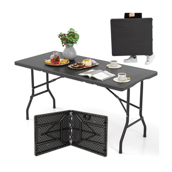 Spaco 5FT Folding Picnic Table with Wood Grain HDPE Tabletop and Non-slip Foot Pads, Deck Furniture, Outdoor Patio Furniture-Black