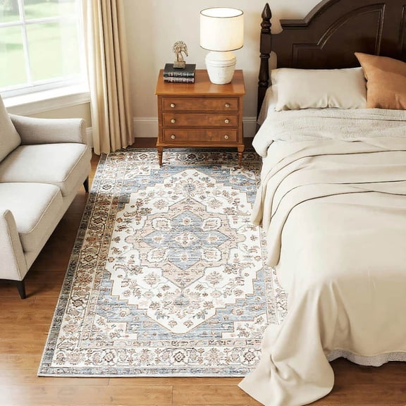 Spaco 5x7FT Area Rug, Vintage Machine Washable Rug, Non-Slip Carpet for Indoor as Living Room, Bedroom, Brown & Light Blue