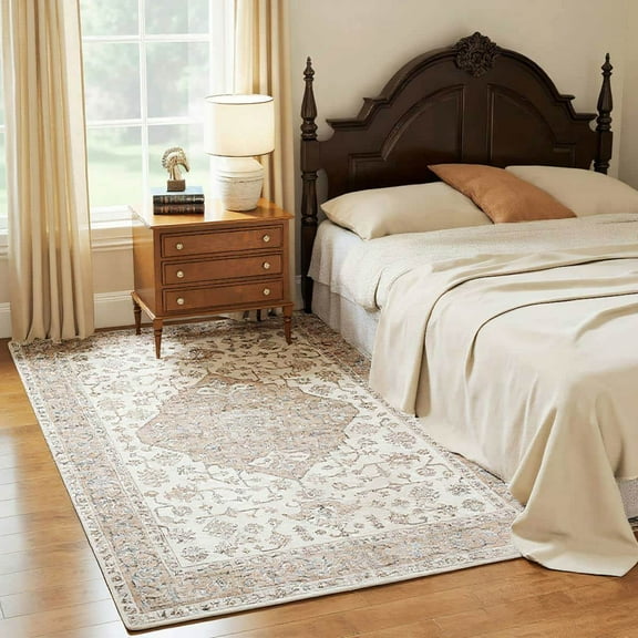 Spaco 5x7FT Area Rug, Vintage Machine Washable Rug, Non-Slip Floor Carpet for Indoor as Living Room, Bedroom, Tan