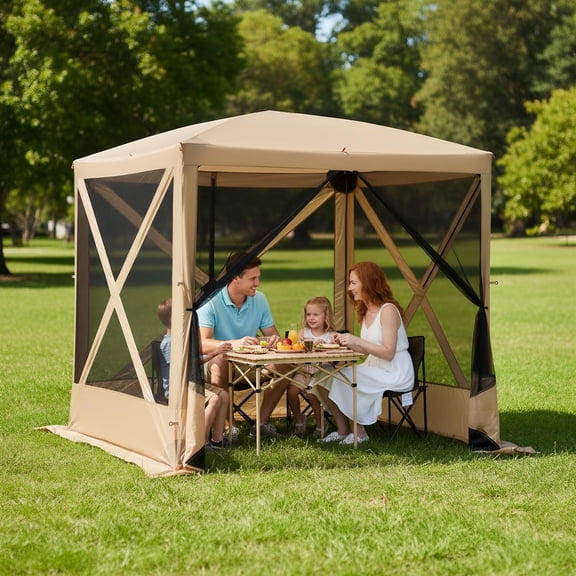 Spaco 6.7 x 6.7 Feet Pop Up Gazebo with Netting and Carry Bag-Coffee, Roof Hardtop Galvanized Steel Top Canopy, Patio Heavy Duty Gazebo for Deck, Backyard