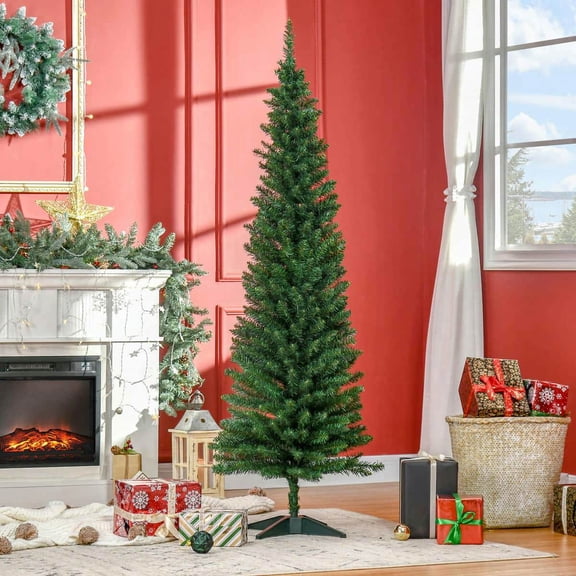 Spaco 6' Artificial Pencil Christmas Tree, Slim Xmas Tree with 390 Realistic Branch Tips and Plastic Stand, Christmas Tree for Indoor Holiday Decoration, Green