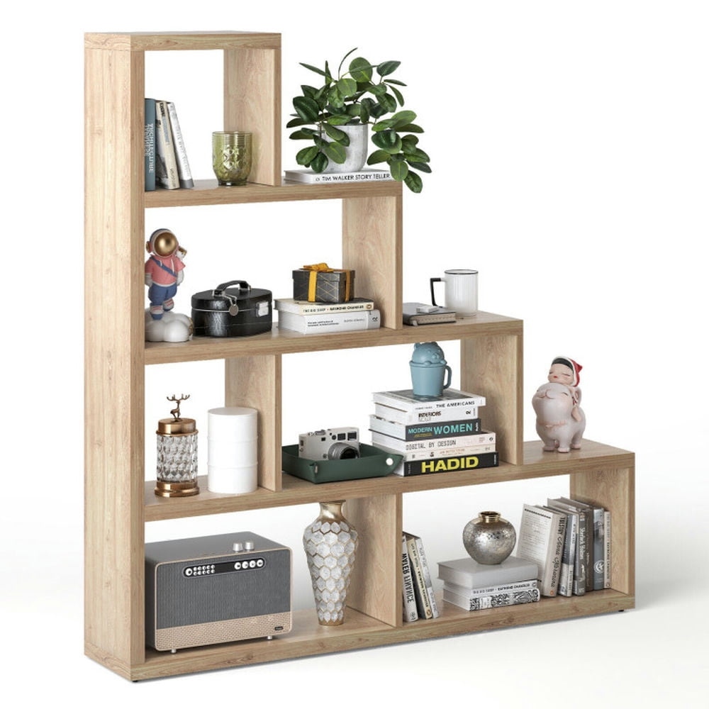 Spaco 6 Cubes Ladder Shelf Corner Bookshelf Storage Bookcase-Natural, Tall Bookshelf, Shelves for Living Room, Home Office, Bedroom, Balcony