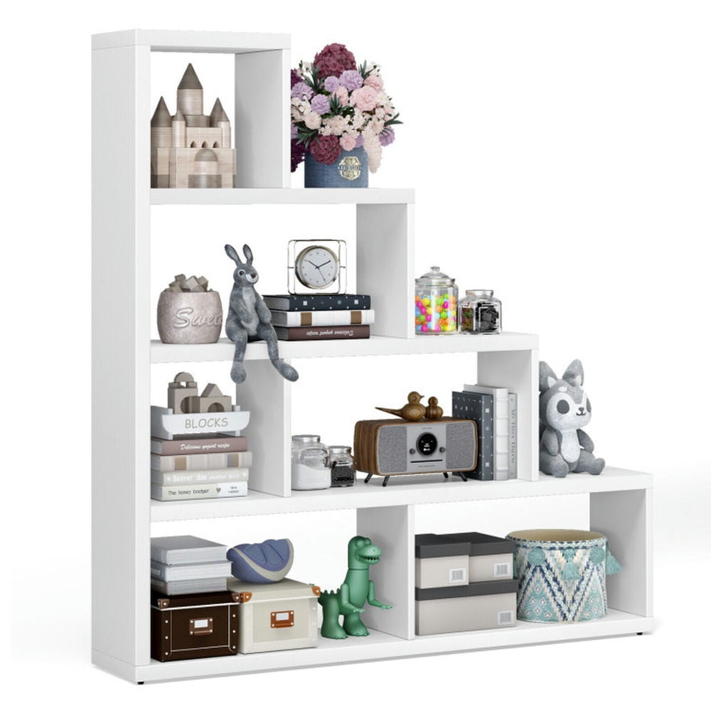 Spaco 6 Cubes Ladder Shelf Corner Bookshelf Storage Bookcase-White, Tall Bookshelf, Shelves for Living Room, Home Office, Bedroom, Balcony